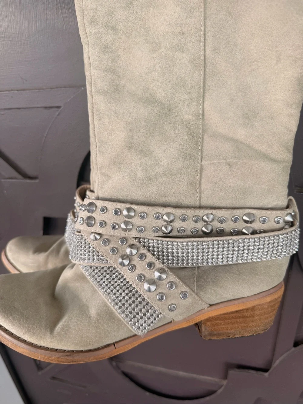 Not Rated Light Taupe Suede Mid-Calf Boots with Studded Wrap Straps - Women's
